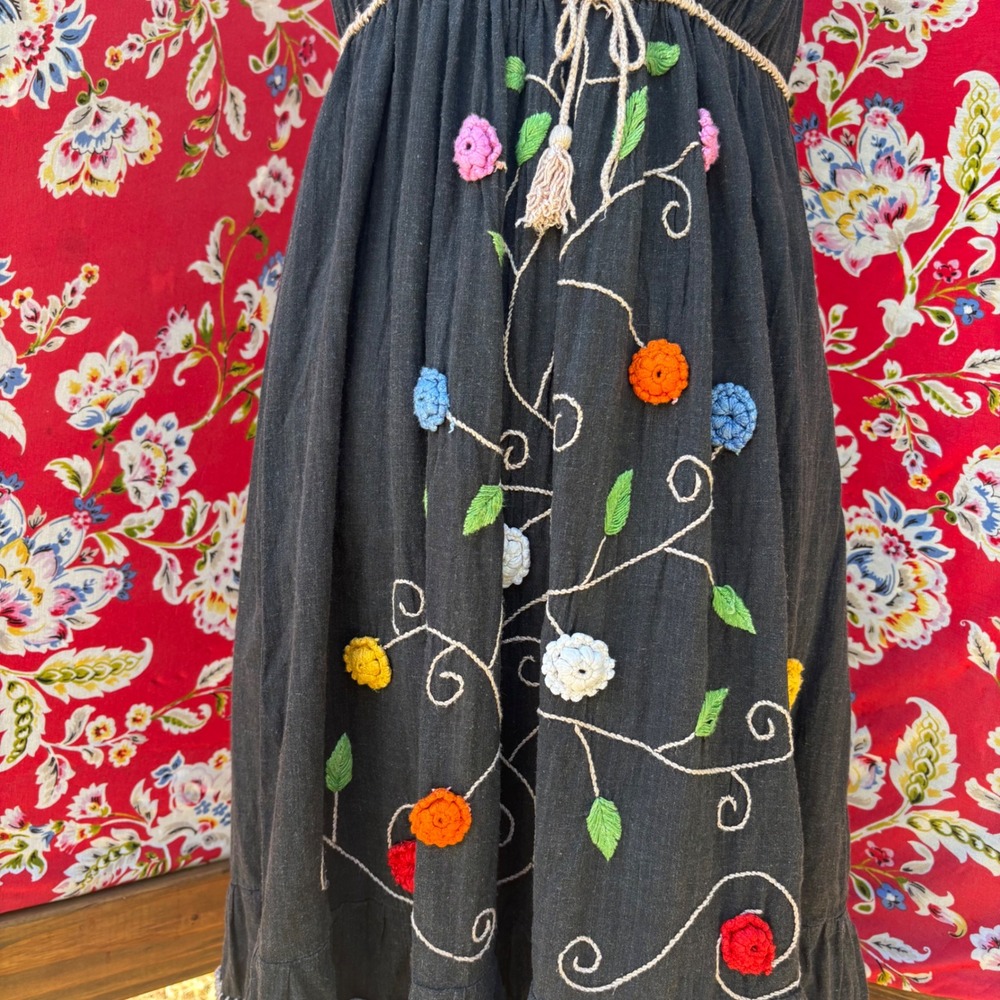 Grey Crocheted Floral Embellishment Drawstring Cottagecore Midi Dress Size M - Picture 5 of 13